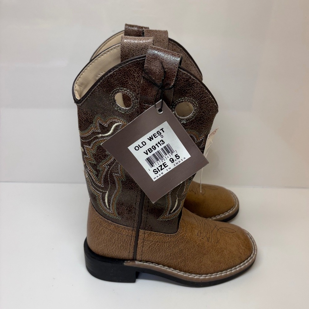 Old West Boys 9.5D Toddlers Tan Brown Leatherette Wide Square Toe Cowboy Boots